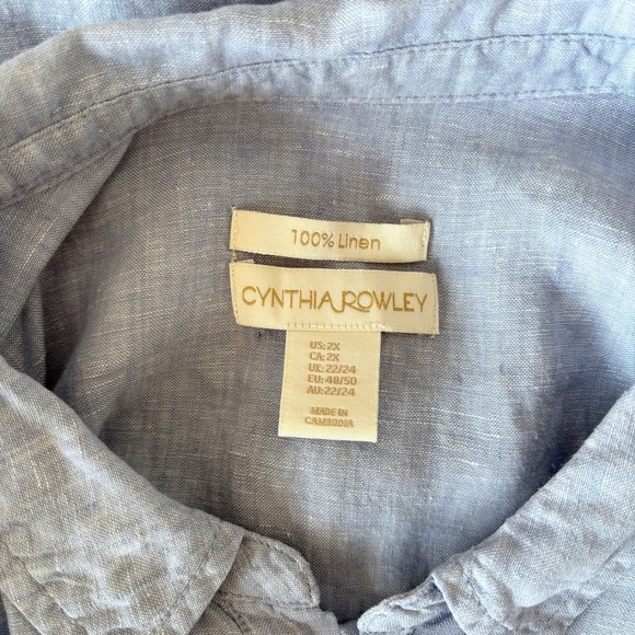 Cynthia Rowley Women's 2X 100% Linen Top Blue Buttons Resortwear Coastal Chic - Picture 4 of 11